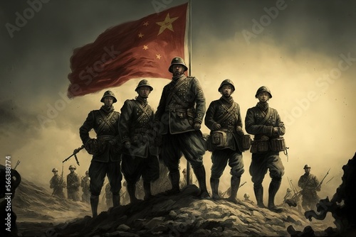 China military force posing triumphant with China flag behind. Generative AI illustration