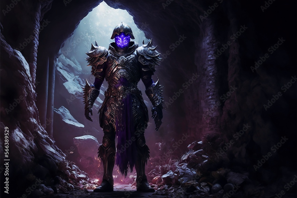 Warrior in heavy armor standing in cave Warrior in heavy armor standing in cave