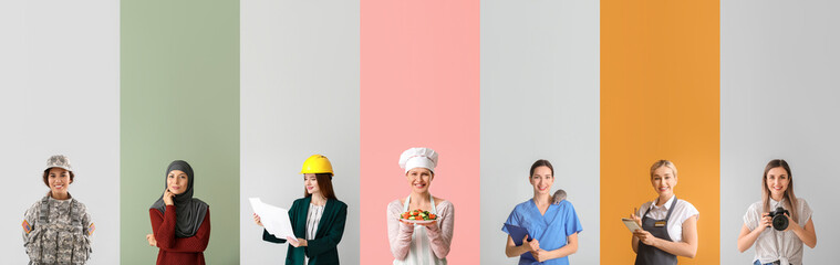 Group of different working young women on color background. Women's History Month