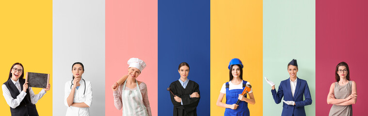 Collage of different working young women on color background. Women's History Month