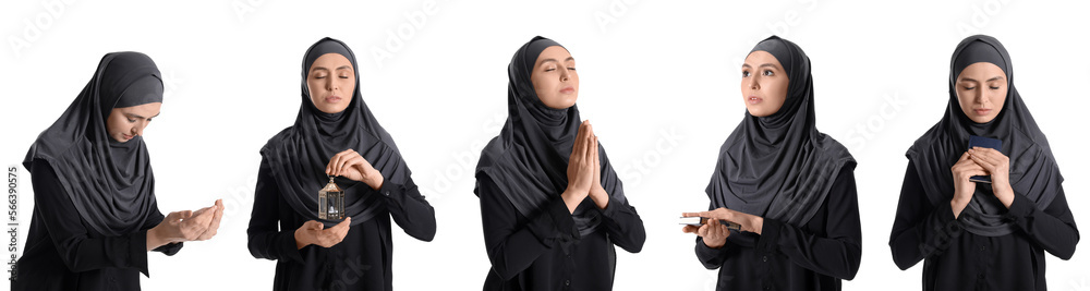 Set of praying Muslim woman isolated on white Set of praying Muslim woman isolated on white