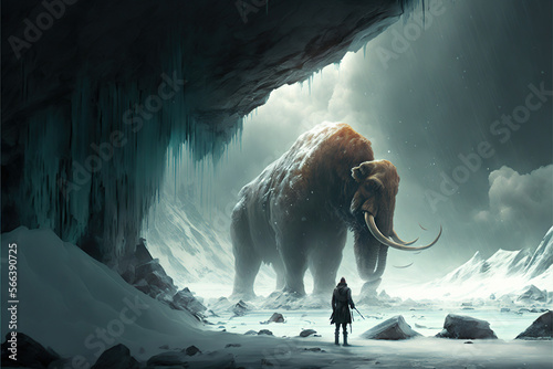 Big mammoth in a big cave looking to a person 