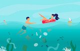 Pollution of the world's oceans and the environment. The girl and the guy are swimming in the sea.
