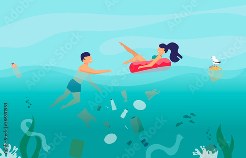 Pollution of the world s oceans and the environment. The girl and the guy are swimming in the sea.