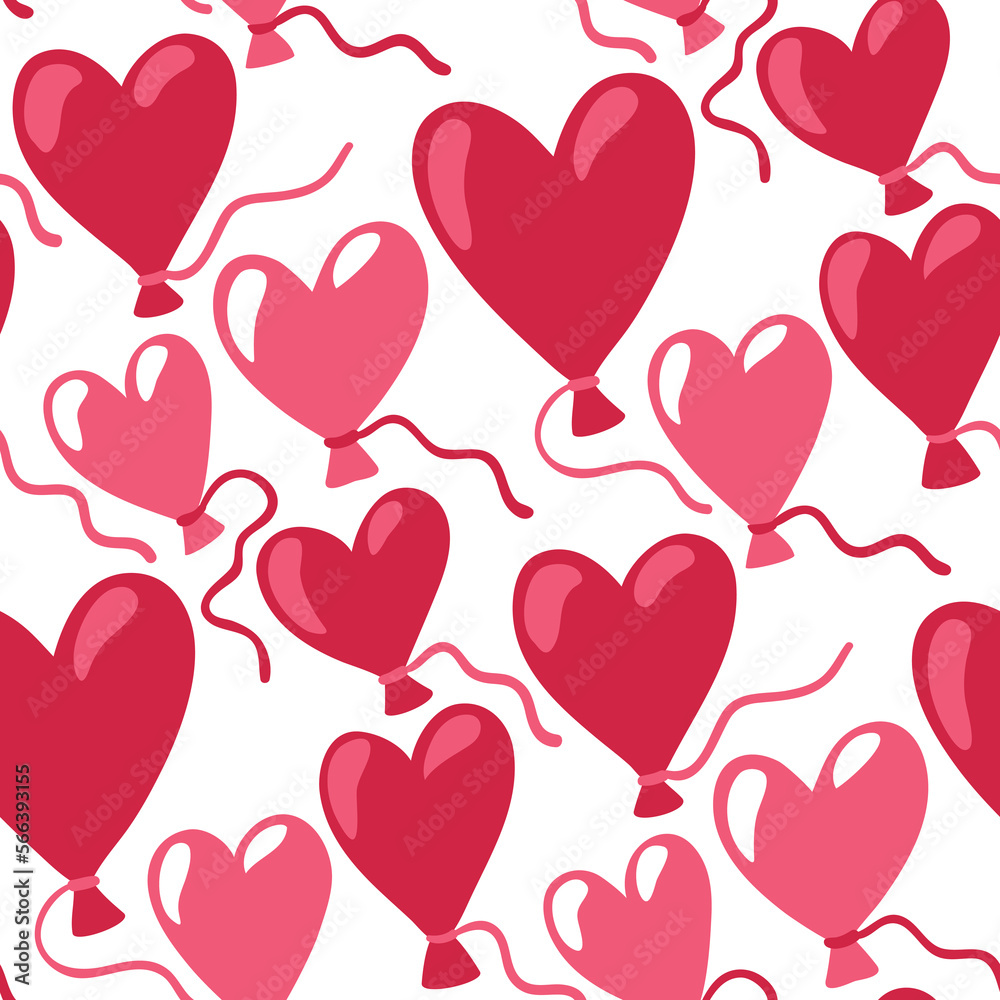 Seamless pattern with flying heart shaped balloons