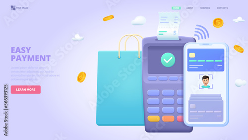 Easy cashless payment using terminal and pay pass, personal information security, design concept for landing page. 3d vector illustration for website, banner, hero image.