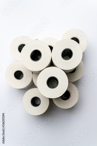 Rolls of white labels isolated. Medical Labels for direct thermal or thermal transfer printing. Blank sticky label roll for thermal transfer printing pirce criss. 