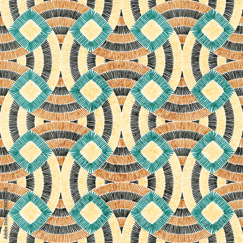 Embroidered seamless pattern. Ornament for home textiles, carpets, pillows, blankets. Grunge texture. Scandinavian style print. Vector illustration.