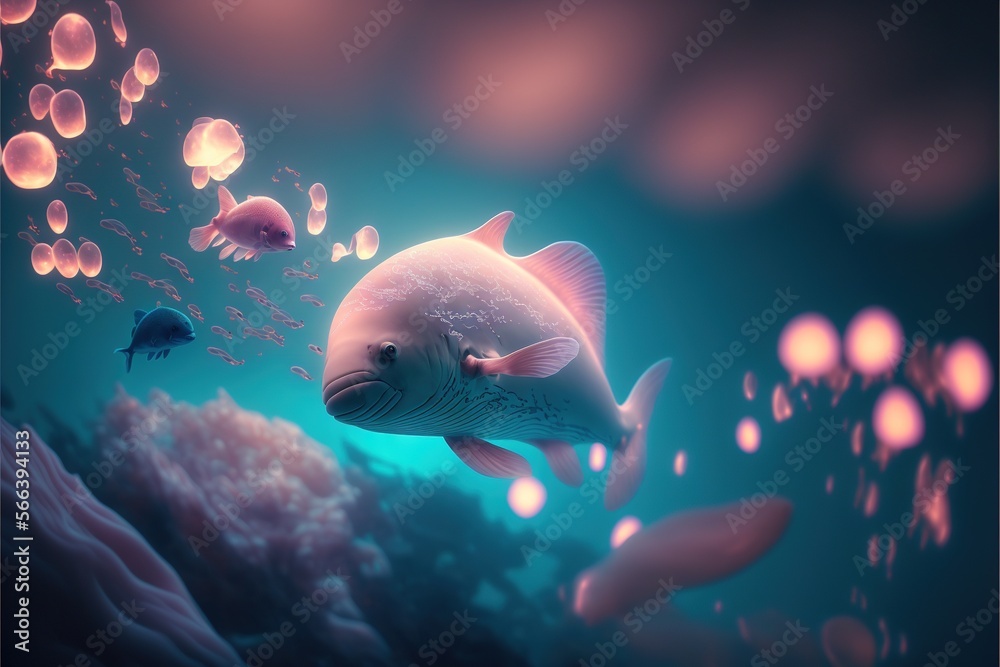 a painting of a fish swimming in the ocean with jellyfish around it's ...