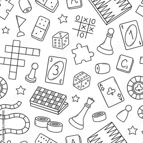 Seamless pattern of board games doodle. Checkers, chess, cards, backgammon in sketch style. Hand drawn vector illustration