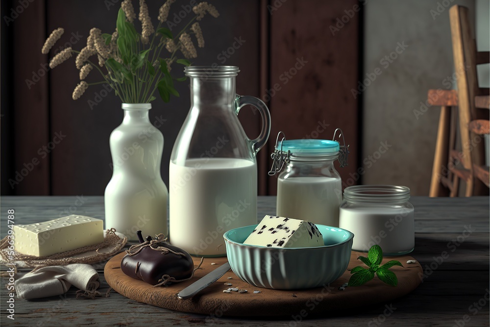 milk products, tasty healthy dairy products on a table on. sour cream in a bowl, cottage cheese bowl, cream in a a bank and milk jar, glass bottle and in a glass ,Generative ai milk products, tasty healthy dairy products on a table on. sour cream in a bowl, cottage cheese bowl, cream in a a bank and milk jar, glass bottle and in a glass ,Generative ai