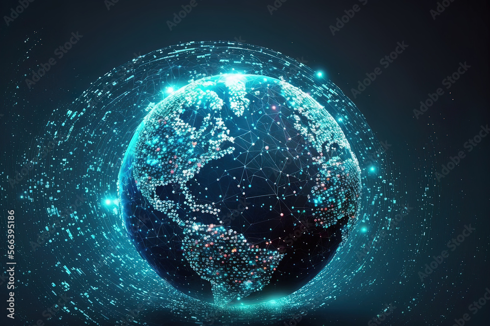 Obraz premium Abstract Tech Earth Globalization. Concept Transmit AI Networking on Fiber Optic. Transfer 5g Web Communications Signal on Worldwide. Blue neon, planet, earth. AI