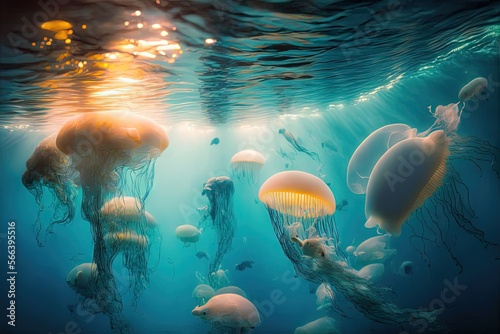 a group of jellyfish swimming in the ocean with sunlight shining through the water's bubbles and surrounding them, all looking like they are floating in the same direction.  generative ai