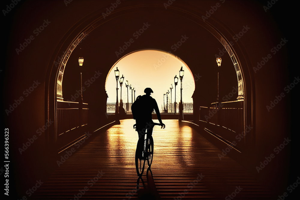 Silhouette of a person on a bicycle crossing. Generative AI. 4 Silhouette of a person on a bicycle crossing. Generative AI. 4