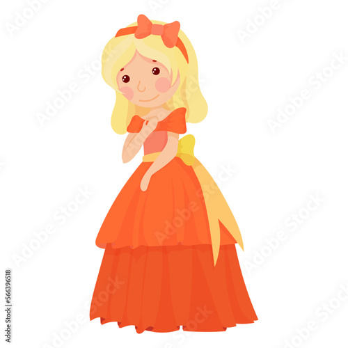 Cute princess in a lush red dress. A girl in a magical costume. Middle Ages. Vector illustration isolated on white background.