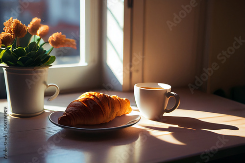 morning background. invigorating coffee and a fresh croissant. Illustration G...