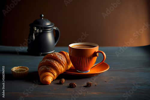 morning background. invigorating coffee and a fresh croissant. Illustration G...