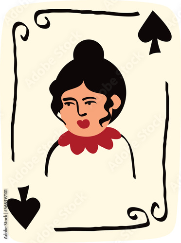 Playing card with Queen of Spades. Valentines Day illustration in modern groovy doodle style