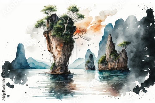 Tropical high islands with plants, Thailand, Phuket. Watercolor. Generative AI. photo