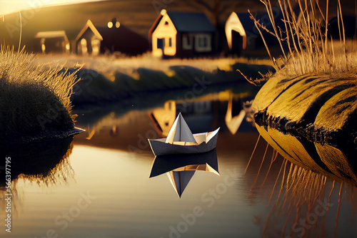 morning background. A small paper boat floats in the stream. Illustration Gen...