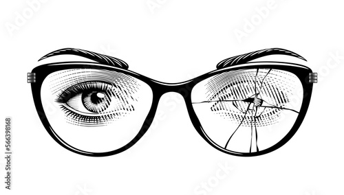 Female eyes in glasses with a broken glass. Vintage engraving stylized  drawing. Vector illustration Stock Vector | Adobe Stock