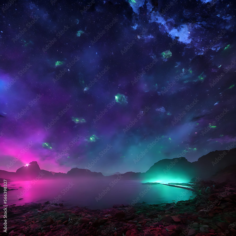 Abstract space star nebula lake rocky landscape model texture render