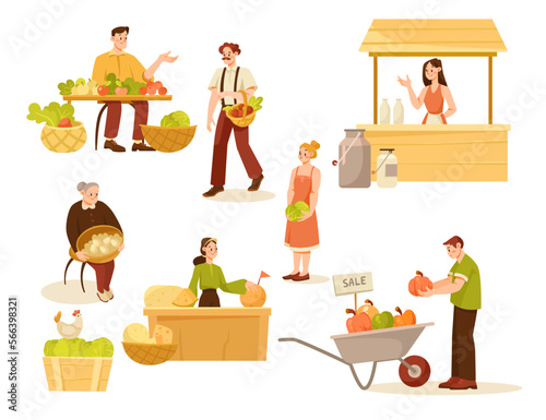 Man and Woman at Farmer Market Selling and Buying Local Organic Product Vector Illustration Set