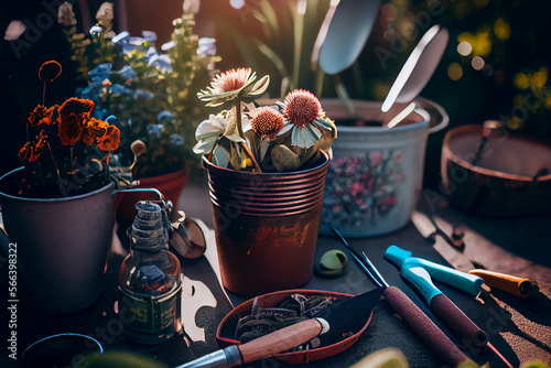 sunny day Gardening tools and flowers. Illustration Generative AI