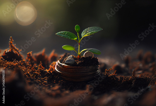 seedling growing on a pile of coin. Illustration Generative AI