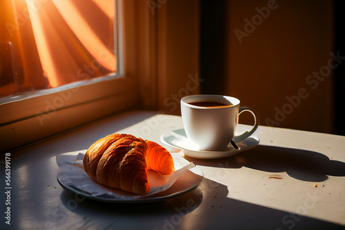 morning background. invigorating coffee and a fresh croissant. Illustration G...