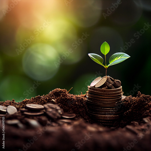 A seedling growing on a pile of coins has a natural back. Illustration Genera...