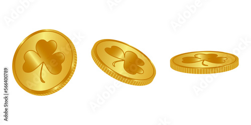 Gold coins with shamrock isolated on white in different positions. Coins with the sign of clover. Vector illustration.