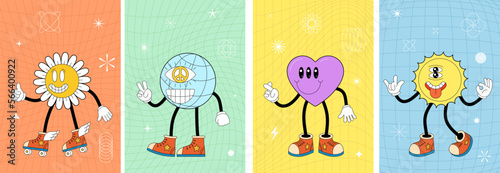 Retro groovy art poster set with characters. Sun, earth, flower and heart weird mascots on crazy vintage hippy banners. Psychedelic hippie style abstract collection. Trendy y2k pop culture eps design