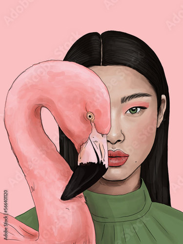 Asian young pretty girl with flamingo, beauty portrait, colorful illustration on pink background