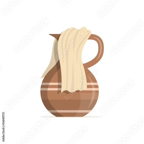 Old clay jug with handle and a towel. Rustic pottery. The washing of the feet