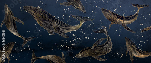 Dark art background with golden whales in art line style. Animal hand drawn background for decoration, print, textile, wallpaper, interior design, invitations.