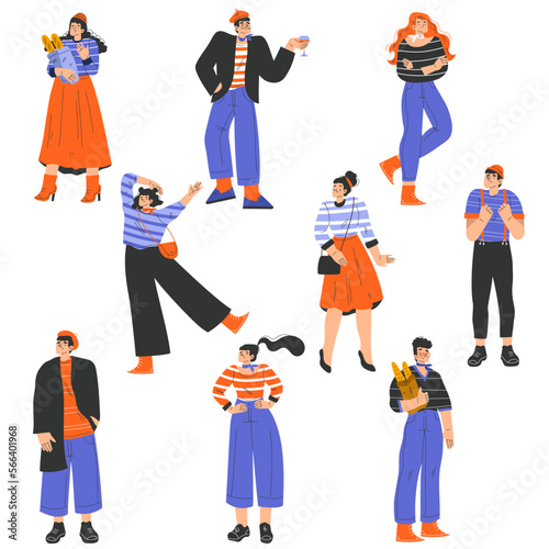 Typical French People Characters in Stylish Outfit Standing with Wine and Baguette Vector Set