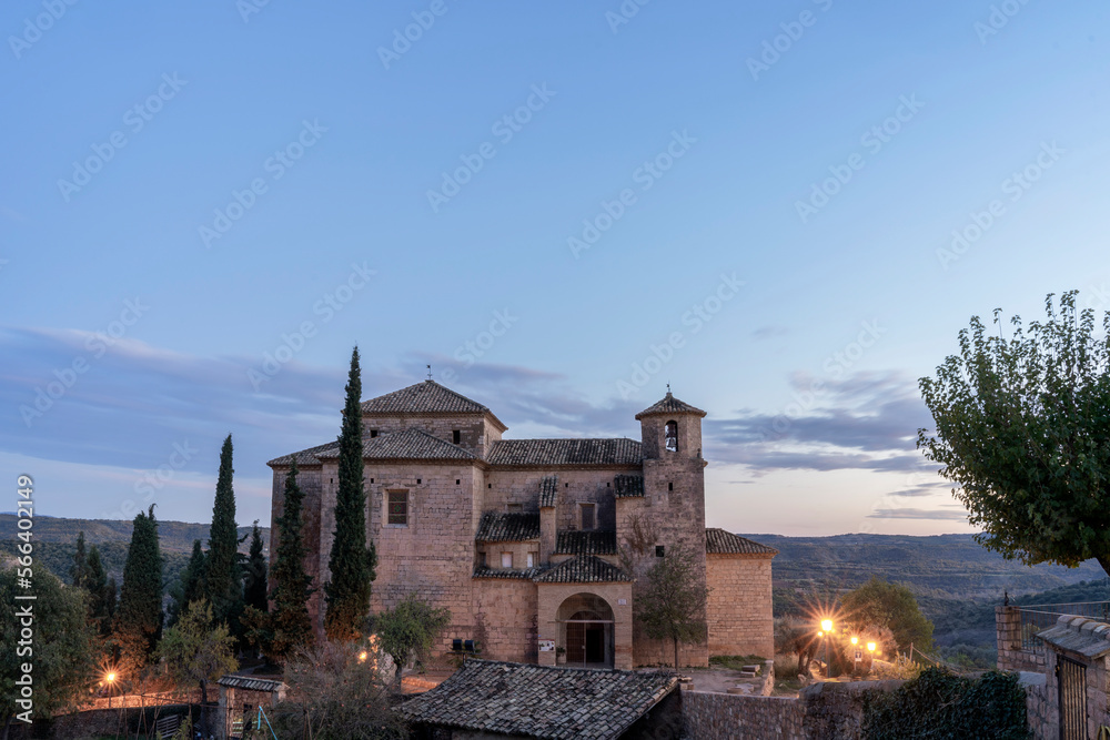 Naklejka premium Nightfall in the church of San Miguel Arcangel in Alquezar , Spain