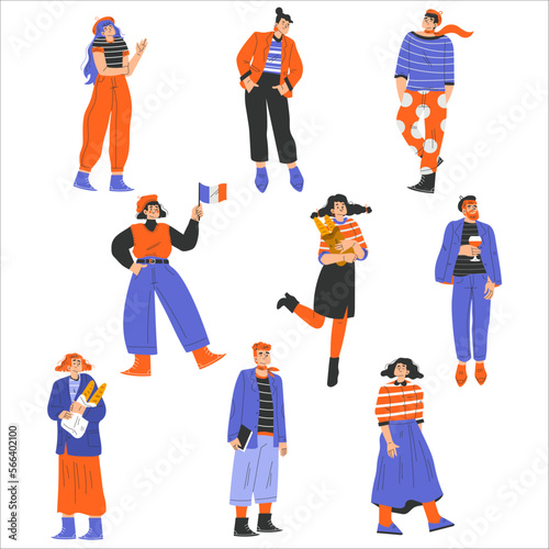 Typical French People Characters in Stylish Outfit Standing with Wine and Baguette Vector Set