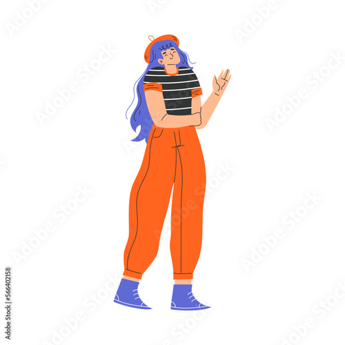 Typical French Woman Character in Red Pants and Beret Standing and Waving Hand Vector Illustration