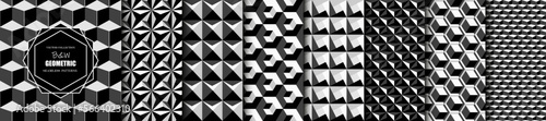 Collection of black and white seamless geometric patterns. Repeatable monochrome backgrounds. Decorative endless 3d dark textures