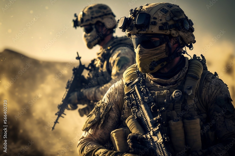 Two army soldier fighting with guns and defending their country - Generetive Ai Two army soldier fighting with guns and defending their country - Generetive Ai
