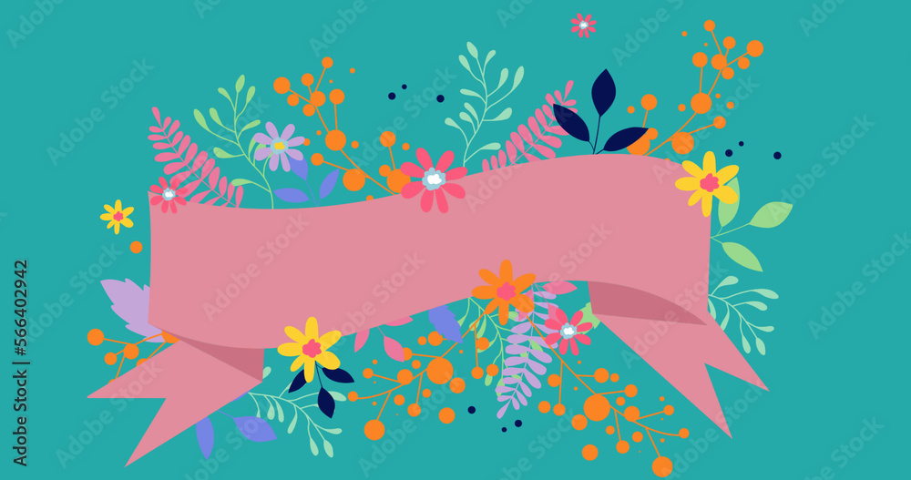 Composition of pink ribbon with copy space and colourful flowers on green background