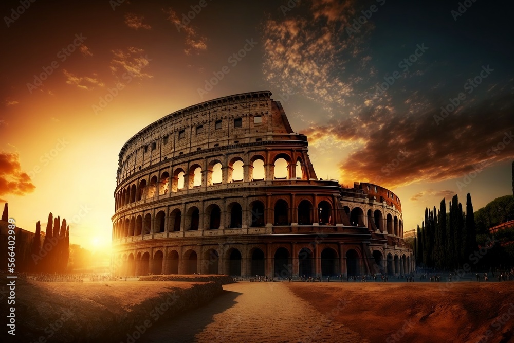 Famous Roman Colosseum amphitheater under the breathtaking sky at sunrise - Generative Ai