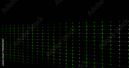 Composition of network of rows of green dots and copy space on black background