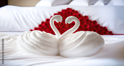 Fototapeta Naklejka Na Ścianę i Meble -  Two swans made from towels are kissing on honeymoon white bed. Valentine signature made from red rose flower on bed decoration in bedroom. Valentine background. honey moon