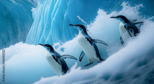 Photos Chinstrap penguin ride out high surf on blue-ice icebergs