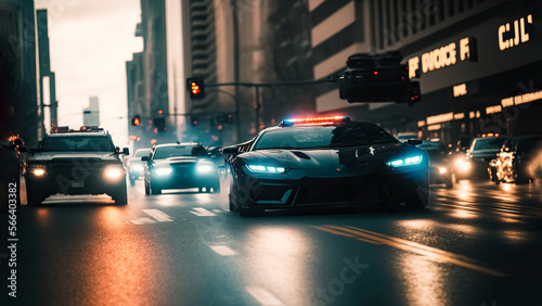 police car chasing a modern sports car,  cop pursuit in the night. digital art,  generative ai photo