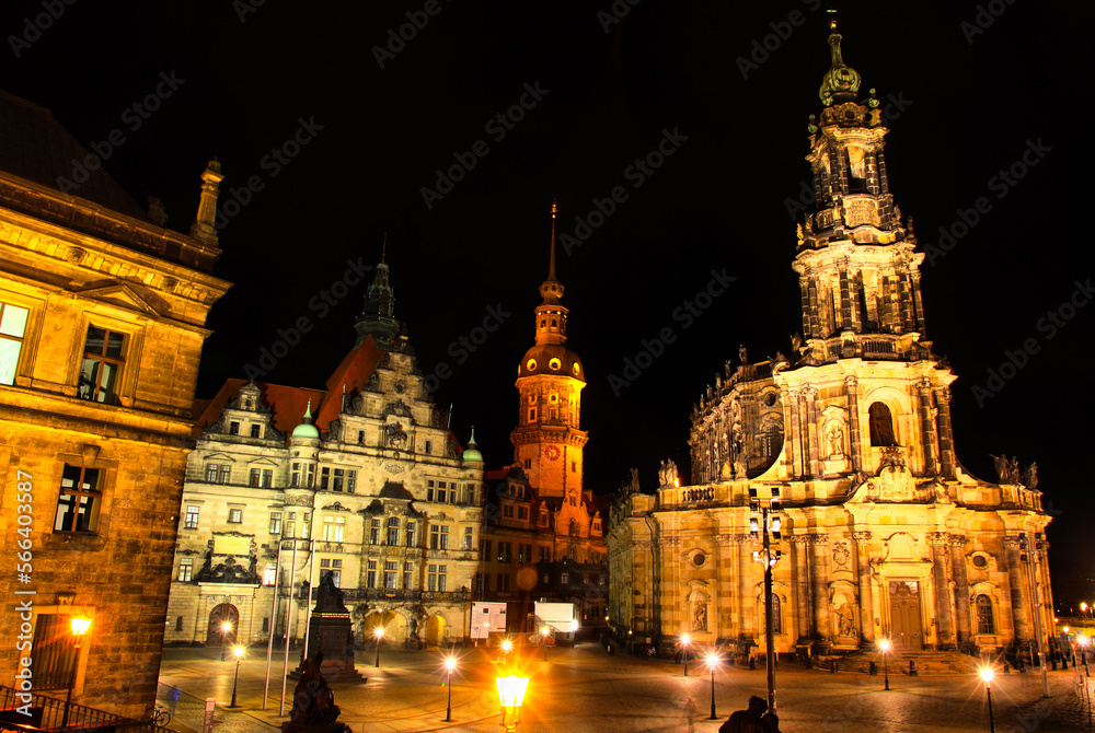Dresden, Germany at night. View to Schlossplatz and St. Trinitatis Cathedral