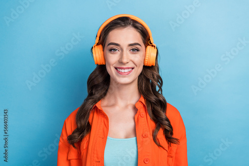 Photos Photo of youngster confident satisfied cheerful smiling woman wear orange jacket